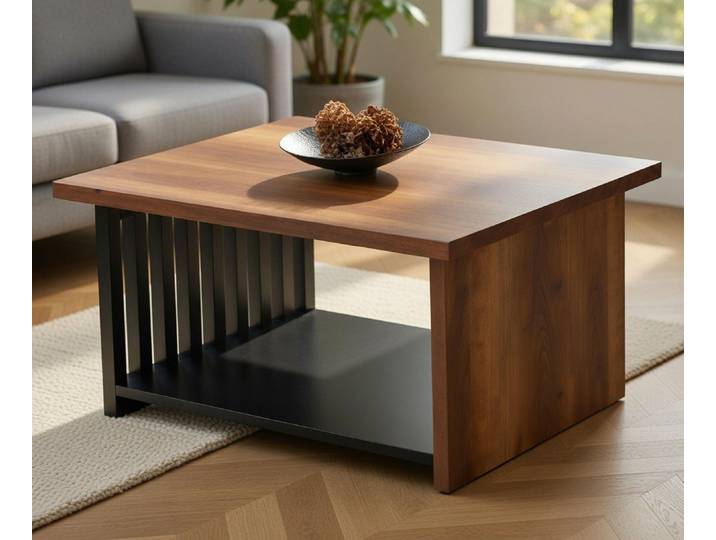 Xlmoebel Couchtisch Rechteckiger Couchtisch aus braunem Holz und Metall mit Regal, Made in Europa