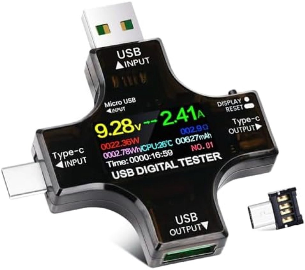 OEM USB Type C Tester met IPS Display en Stroommeetfunctie - Zwart