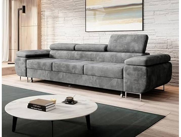 Easy4You Schlafsofa Norberg - 279 cm - Velour Grau - 3 Sitzer Sofa - Werstellbare Kopfstützen - Couch mit Schlaffunktion - Stoff: Monolith M-85