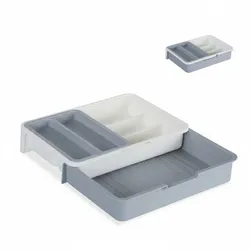 Relaxdays Besteckkasten, ausziehbar, 7 Fächer, für Besteck & Küchenutensilien, Kunststoff, HBT 6x23,5x31,5 cm, weiß-grau
