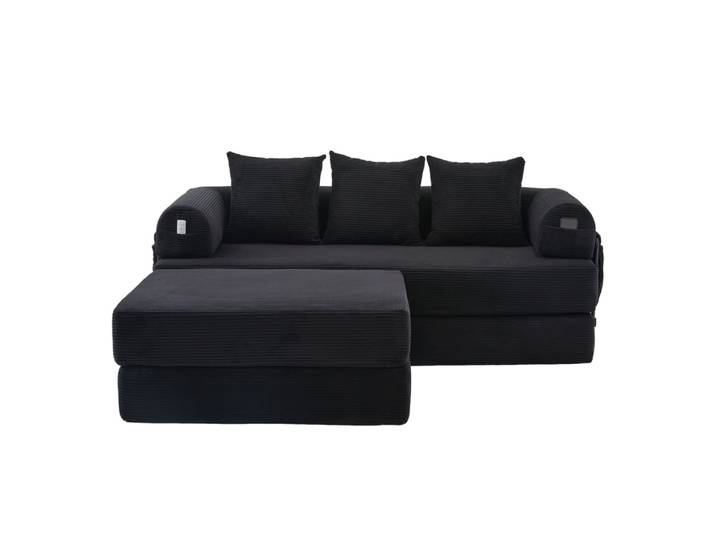 Canapé modulable en velours côtelé noir avec tabouret 200x190x67 cm