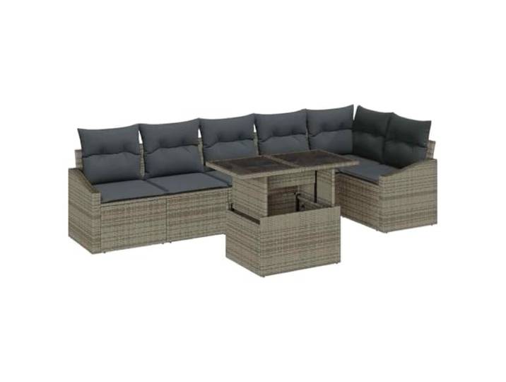 ZQQLVOO Garten-Sofa-Set 7 STK. Grau Poly-Rattan Stahl Modulares Design, verstellbare Füße, UV-beständig, Polyester-Kissen, Glas-Tischplatte, pflegeleicht