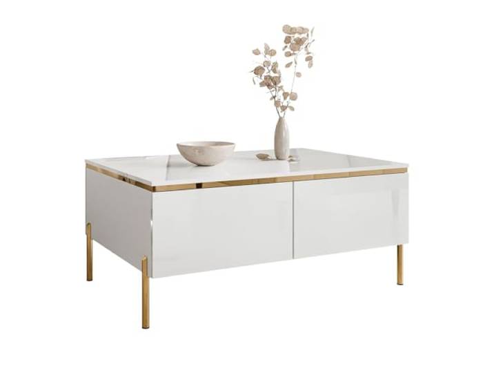 Lookway Couchtisch Aurora Weiß Hochglanz mit Stauraum, Goldener Dekorleiste und goldenen Füßen – Modernes Wohnzimmermöbel (gerade Gold Chrom)