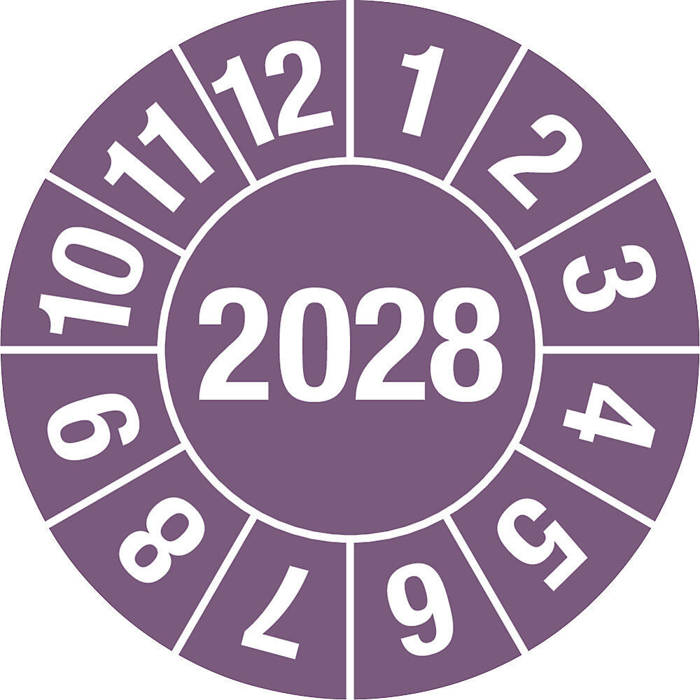 kaiserkraft Prüfplakette, Jahreszahl 4-stellig, Dokumentenfolie, Ø 25 mm, VE 10 Stk, 2028, violett
