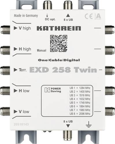 Kathrein EXD 258 Twin SAT Multischalter Kaskade Unicable Eingänge (Multischalter): 5 (4 SAT/1 terrestrisch) Teilnehmer-Anzahl: 16