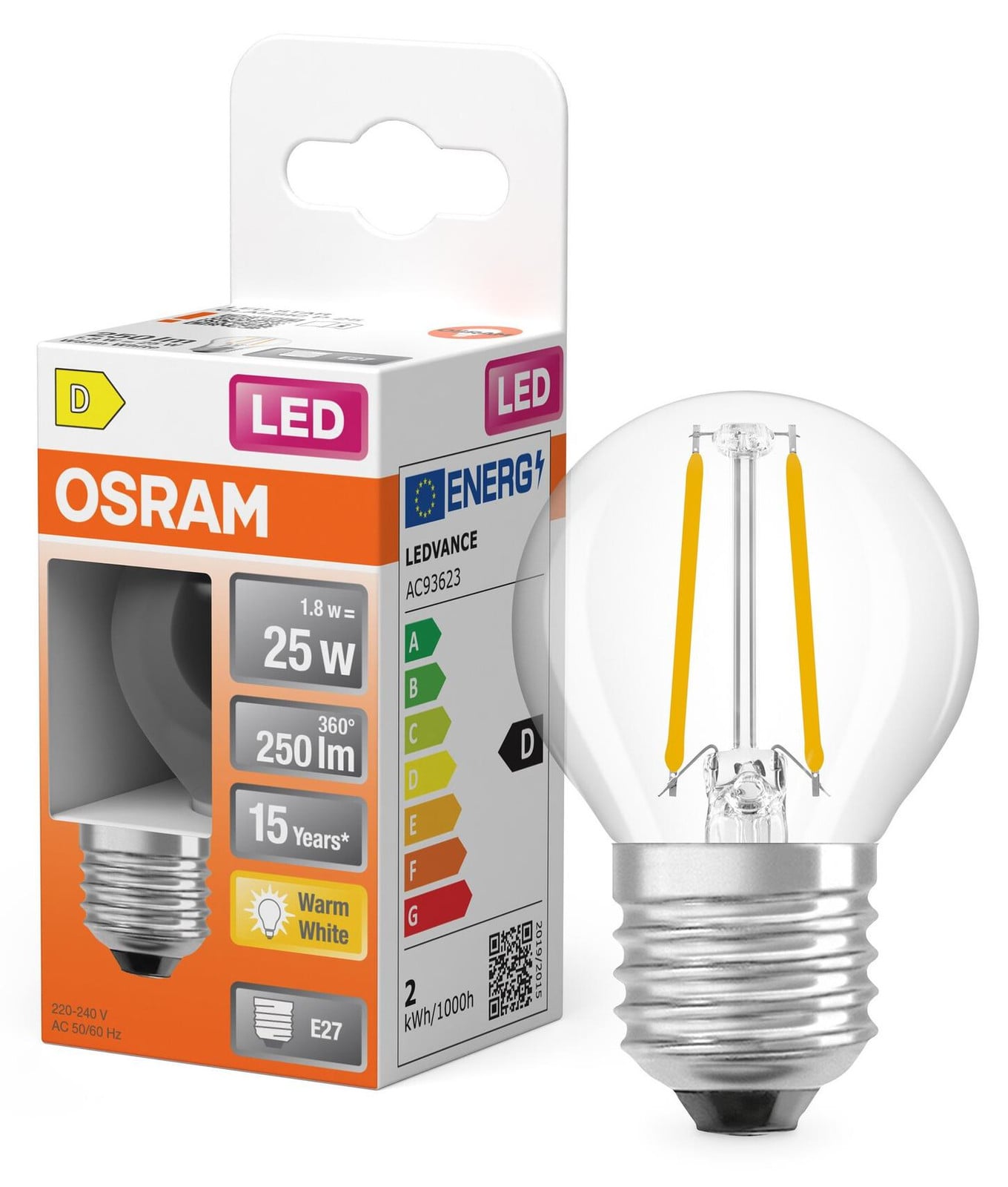Osram OSR LED druppelvormige lamp, set van 6 stuks, E27, 1,8W, warm wit, transparant glas