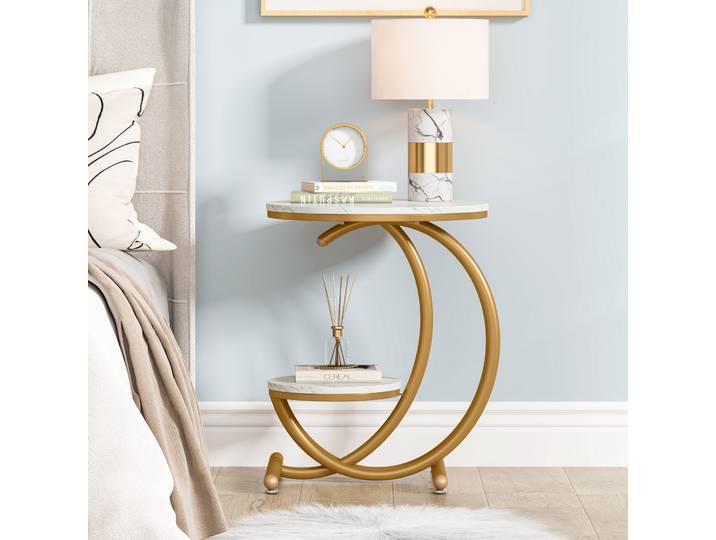Tribesigns-Table d'appoint en faux marbre, table ronde à 2 niveaux avec étagère de rangement, petite table d'appoint, table de chevet moderne