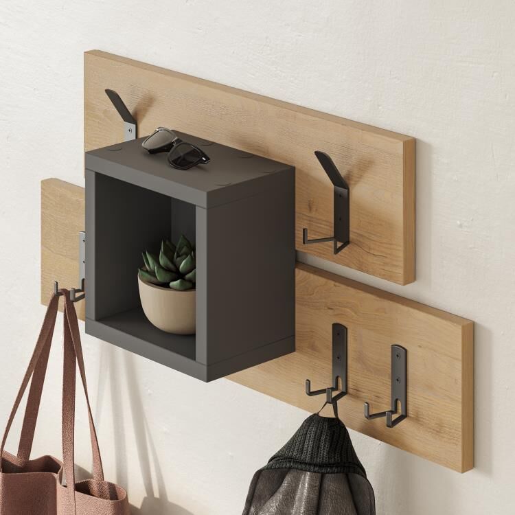 giordanoshop Appendiabiti da Parete con 6 Ganci in Metallo e Vano Contenitore Salvaspazio Legno e Antracite...