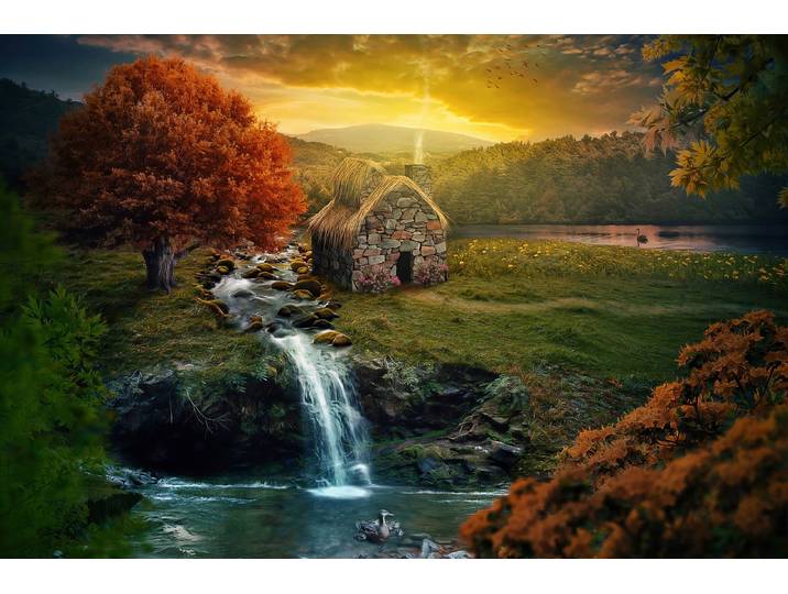 Fototapete PAPERMOON NATUR-IDYLLE-RUHIG BERGE WASSERFALL FLUSS BACH HERBST , bunt, B:3,5m L:2,6m, Vlies, Tapeten, Fototapete