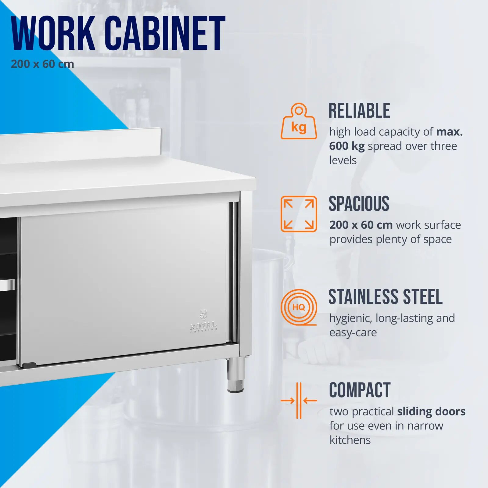 Edelstahl-Arbeitsschrank - ECO - 200 x 60 cm - 500 kg - Aufkantung - Royal Catering RCSSCB-200X60-E-B