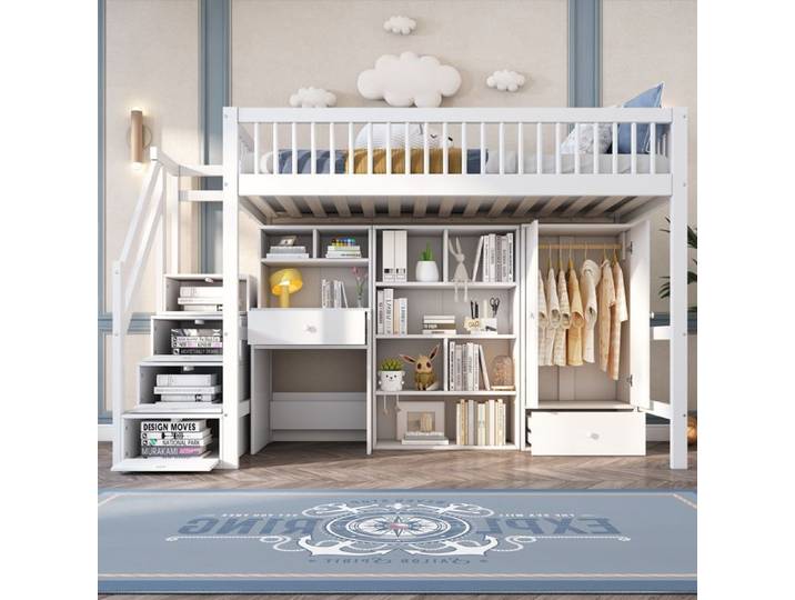 Lit mezzanine - Blanc - 90x200 cm - avec bureau tiroirs et armoire - Montage facile