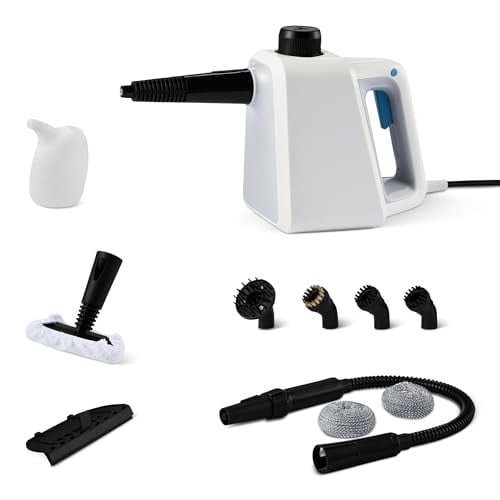 Amazon Basics Draagbare Stoomreiniger voor Thuis, 1000W, 250 ml Reservoir, Wit met 9 Accessoires