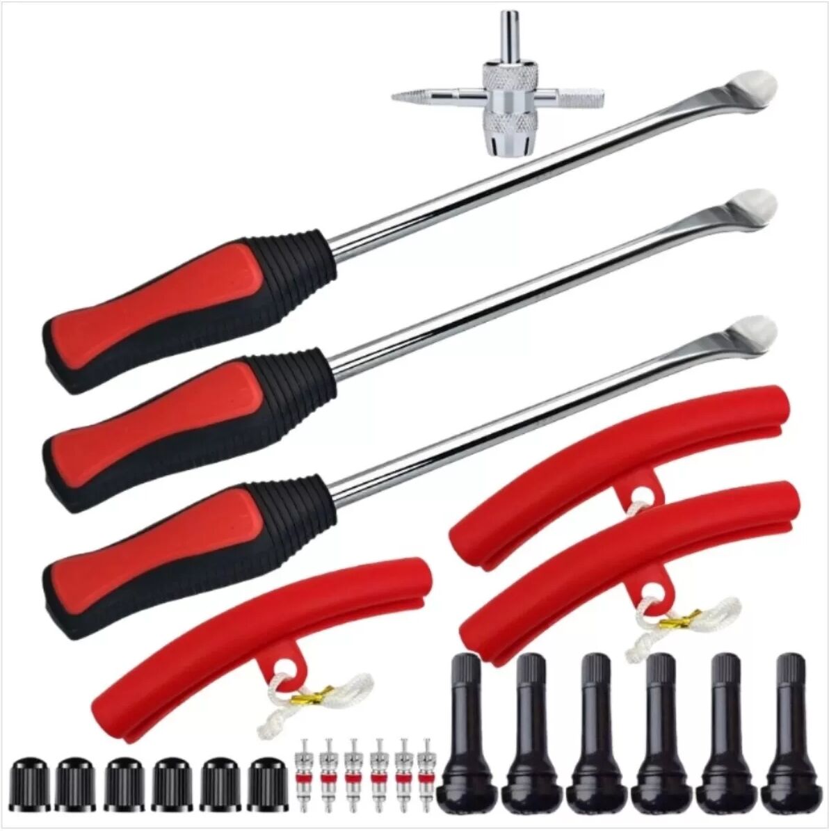 INF Kit de 25 pièces pour réparation de pneus de moto avec démonte-pneus rouges 28 cm, protections de jante et outil de valve