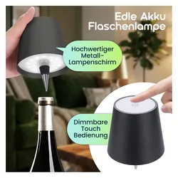 Casativo, Tischlampe, 2er-Set Edle Akku Flaschenlampe schwarz: Dimmbar - 3 Lichtfarben: Verwandelt Flaschen in stimmungsvo