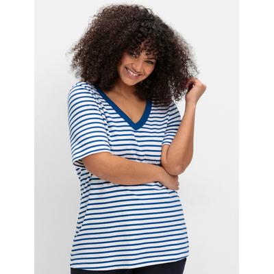 T-Shirt SHEEGO "T-Shirt", Damen, Gr. 52/54, blau (blaubeere, gestreift), 97% Baumwolle, 3% Elasthan, gemustert, gestreift, U-Boot-Ausschnitt, Shirts T-Shirt