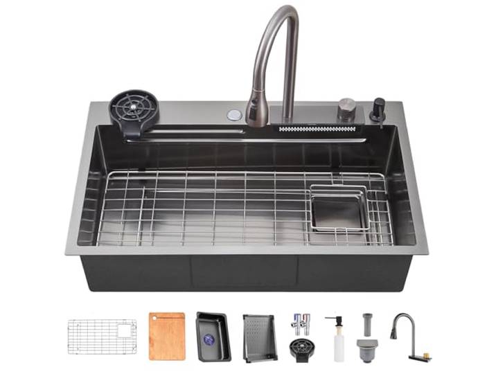 TULAZOU Wasserfall Küchenspüle, T304 Edelstahlspüle, 86x50cm multifunktionale Küchenspüle, Einbauspüle, spülbecken mit multifunktionalem Wasserhahn und verschiedenen Zubehörteilen (86X50CM)