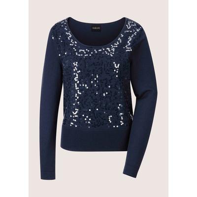 Longpullover MADELEINE "Pullover Rundhals-Pullover mit Glanz-Effekt", Damen, Gr. 36/38, blau (marine), Obermaterial: 100% Schurwolle WV., Modern, normal, U-Boot-Ausschnitt, Pullover Longpullover