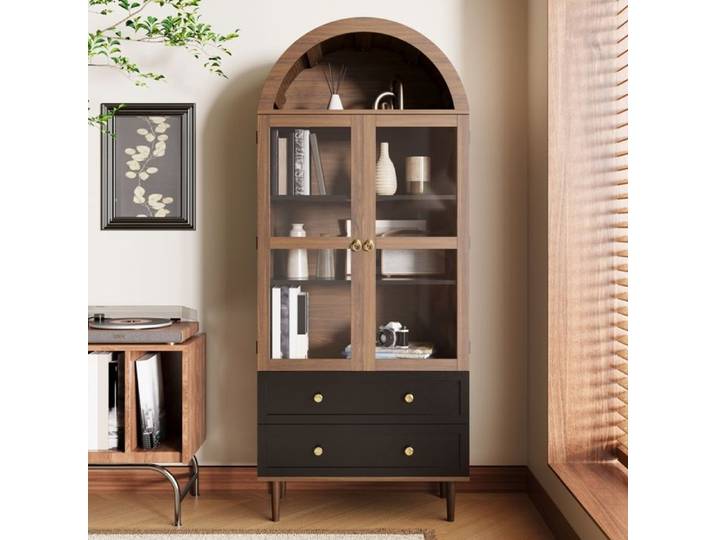 Buffet Haut en Noyer 2 Portes Vitrées 2 Tiroirs Étagères Réglables Structure en MDF et Verre Salon 70x38x168cm