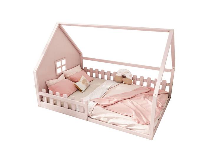 Komhtom Hausbett 140x200 cm mit Geländer, Kiefernholz, rosa, Pink, Holz, Mode, 140x200 cm, Babymöbel & Kindermöbel, Kinderzimmer & Jugendzimmer, Kinderbetten, Spielbetten