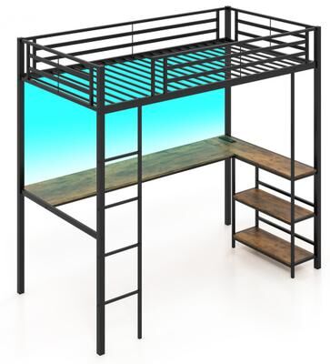 Costway Twin Size Loft Bed Raised Platform Bed with Desk and 2 Storage Shelves-Black