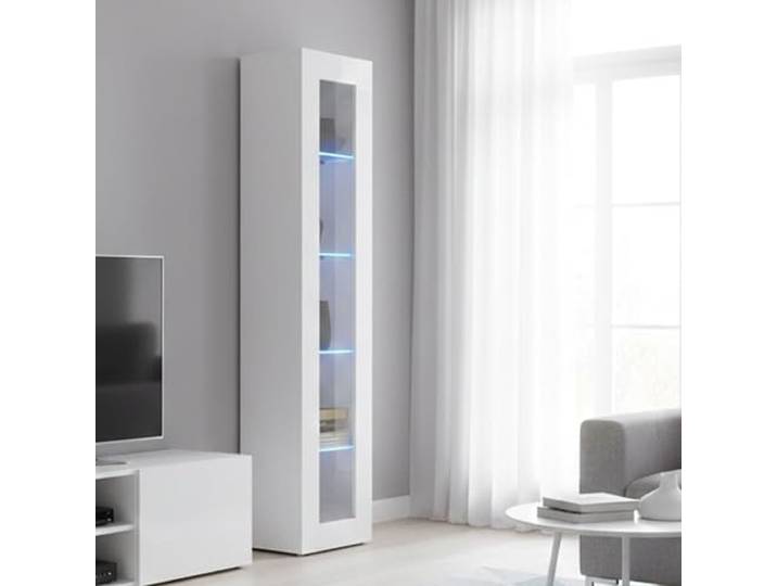 Dmora Säulenvitrine mit Glastür, Made in Italy, mit blauem LED-Licht, Sideboard mit Regalen, Wohnzimmervitrine, 40x30h180 cm, glänzend weiße Farbe