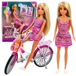Anlily-Puppe im rosa Kleid mit Fahrrad und Babysitz-Set
