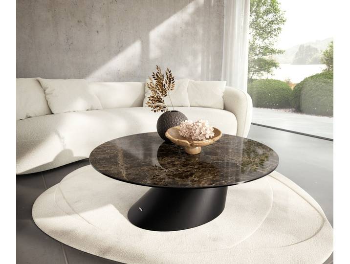 Couchtisch Edge Rund 100x100 cm Keramik Emperador Extra Lucidato Dunkelbraun Conis Metall Schwarz, Couchtische