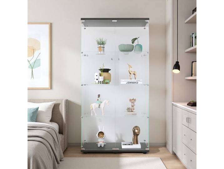 Vitrine Vitrine en verre avec serrure avec 4 étagères 2 portes Vitrine sur pied Verre trempé et bois 164x81x37 Moderne Noir