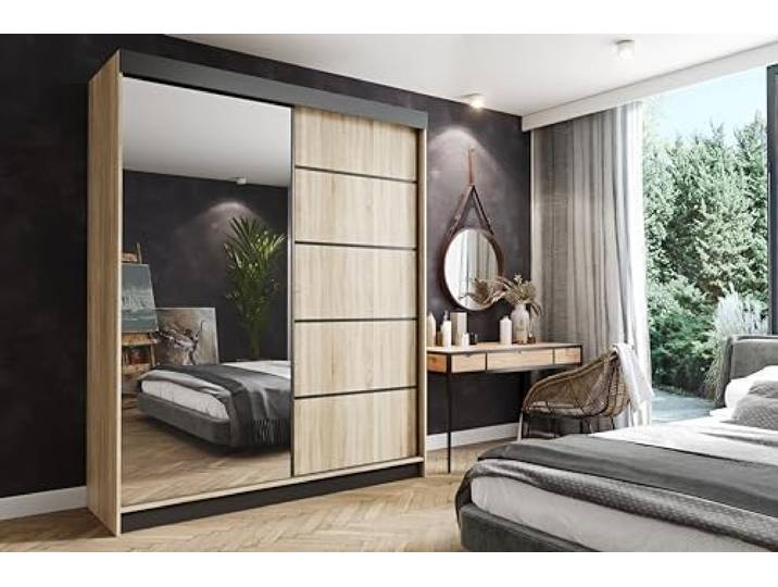 KIER FURNITURE Schiebegarderobe - Schrank Schlafzimmer – Schlafzimmerschrank – Wardrobe Bedroom – Kleiderschränke – Kleiderschrank Sonoma-Eiche – 200x200x62
