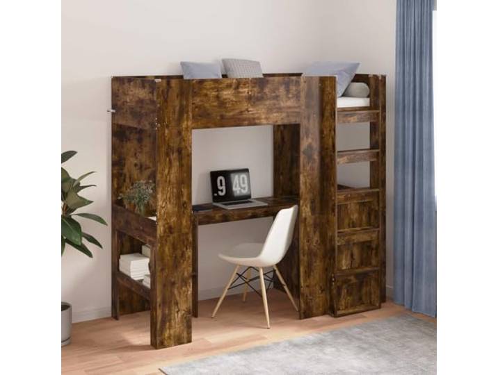 Holzwerkstoff Loft Bett mit Schreibtisch Schlafzimmer 75 x 190 cm Braun Etagenbettgestell mit Schreibtisch Geräucherte Eiche Hochbett mit Lattenrost Leiter und Sicherheitsgeländer für Schlafzimmer