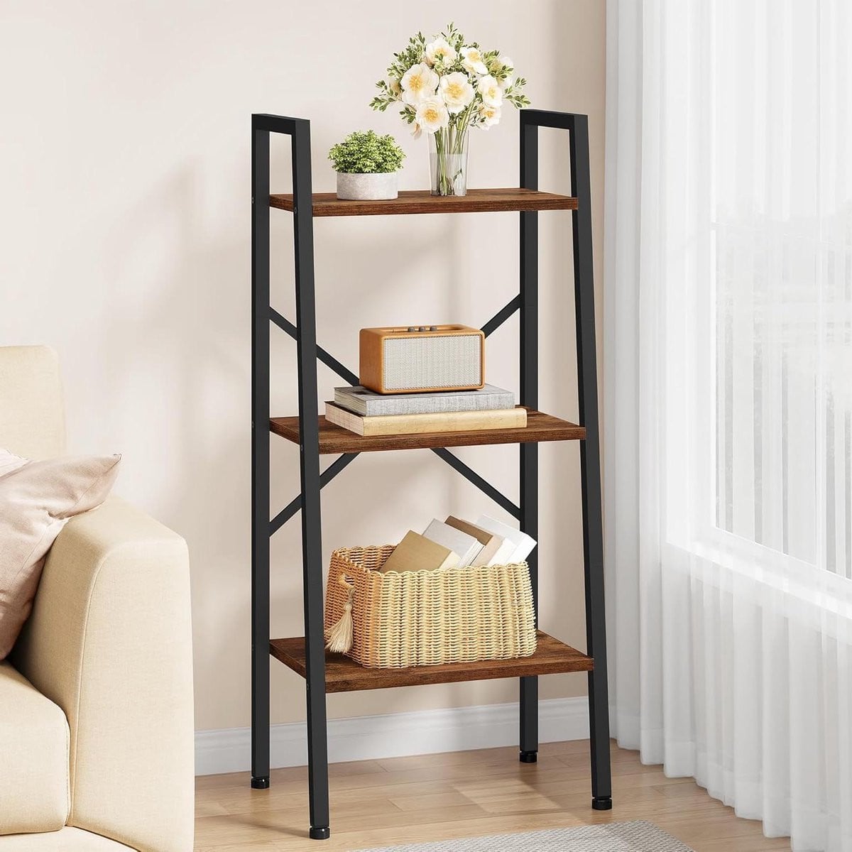 Ladder Boekenplank met 3 lagen voor in de woonkamer of werkkamer - Rustiek Bruin