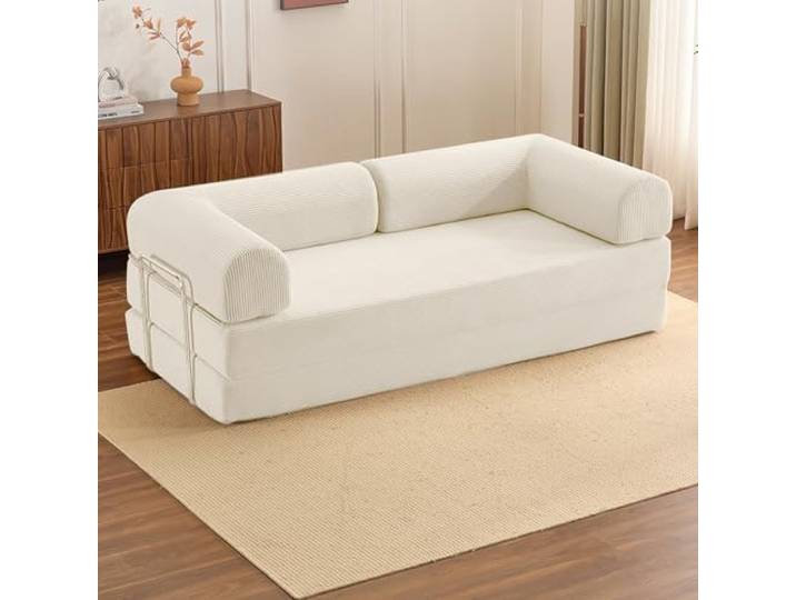 WENMEE Umwandelbares Schlafsofa, 87-Zoll-Bodensofa, Modulare Futon-Couch Mit Zylindrischem Kissen, Für Wohnzimmer, Schlafzimmer, Lounge(White,180x100x70cm)
