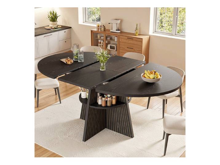 STILVORA Esstisch in Schwarz Ausziehbarer Küchentisch Multifunktionstisch (Ausziehbar, Dunkelbraun, Ablagefach, Rund-Lang Funktion, Abgerundete Ecken, Säulenfüße, verdickte Tischplatte, stabil), Für Esszimmer, Wohnzimmer, kleine Räume und Familienessen