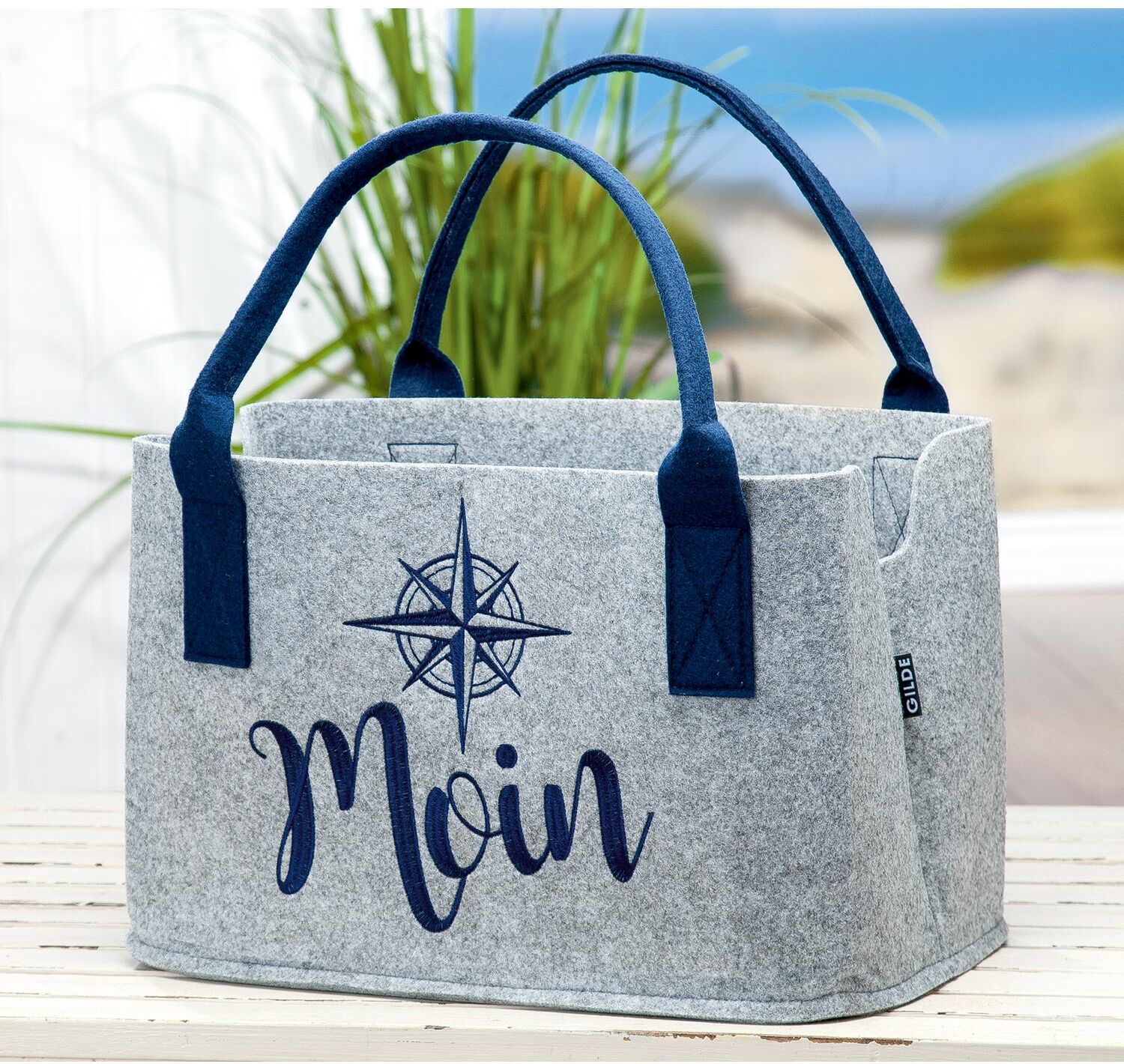 Einkaufsshopper GILDE "Tasche, "Moin", Schriftzug, Windrosenmotiv, Filz, grau", grau, B:40cm H:26cm T:26cm, Kunststoff, Einkaufskörbe, Einkaufsshopper, Windrose, Einkauf, Alltagsbegleiter, Geschenkidee, Aufbewahrung grau Einheitsgröße