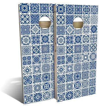 Skip's Garage Blue Tile Outdoor Cornhole Board Set
