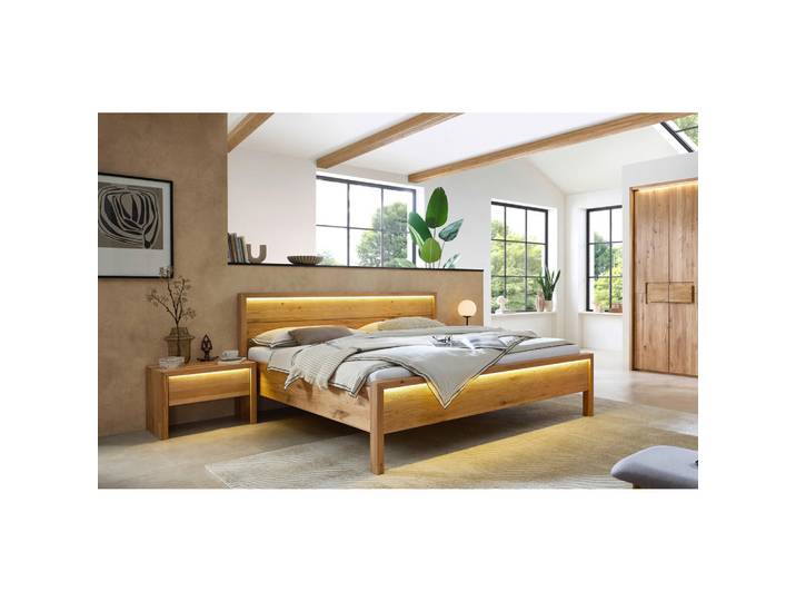Livetastic Bett Emilia, Natur, Wildeiche, Holz, Wildeiche, vollmassiv, warmweiß, 180x200 cm, Beleuchtung, Lattenrosthöhe individuell einstellbar, in verschiedenen Größen erhältlich, für Lattenrost geeignet, Schlafzimmer, Betten, Doppelbetten