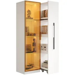 Merax LED Vitrinenschrank 70×40×160 cm, Multifunktionsschrank mit Glasvitrine, Bücherregal & Aufbewahrungsschrank, Rollschrank modern weiß