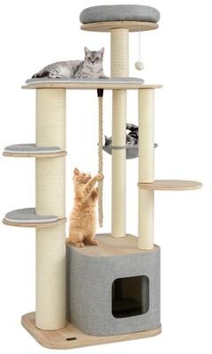 Costway 63 Inch Tall Cat Tree Modern Wooden Cat Tower with Perch Condo Hammock-Gray
