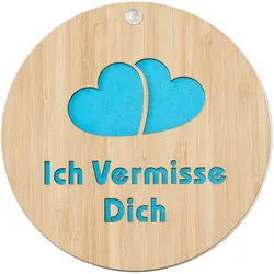 Grusskarte aus Bambus "Ich vermisse Dich" - Laser-Gravur Türkis - Klappkarte 14x14cm - Nostalgisches Geschenk für persönliche Nachrichten