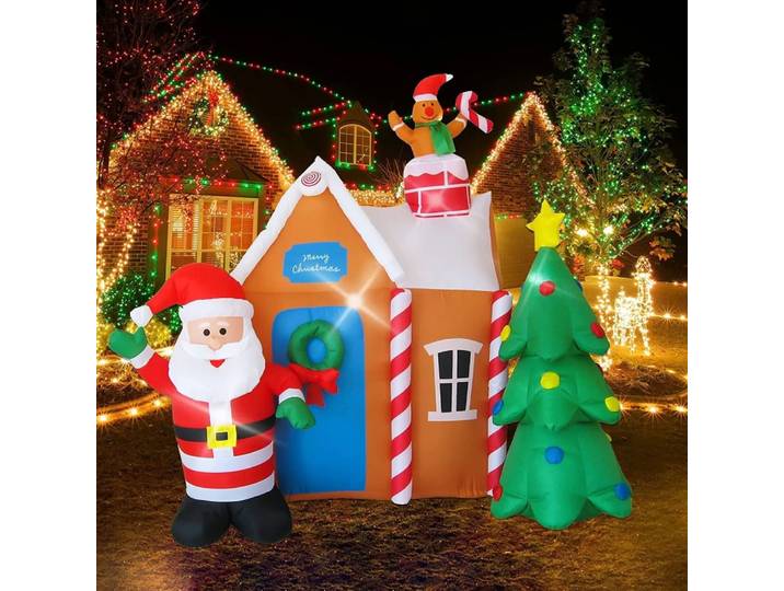Maison de Noël Gonflable avec Père Noël, Sapin de Noël, Décoration Extérieure, Veilleuses LED, Accessoires de Cour, Décor, Grand, 1.95m