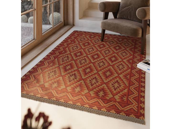 Wollteppich GREEN LOOOP Clare , rot (rost rot), B:140cm H:5mm L:200cm, Wolle, Teppiche, Wollteppich, Fransen, Kelim, handgewebt, Natur, Wohnzimmer, Schlafzimmer, Raute