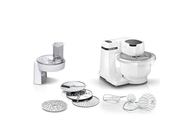 Bosch Küchenmaschine Serie 2, kleine Küchenmaschine, 3,8l Kunststoff-Schüssel, Durchlaufschnitzler, 4 Scheiben, 4 Stufen, Knethaken/Rührbesen/Schlagbesen, spülmaschinenfest, 700 W, weiß, MUMS2AW01