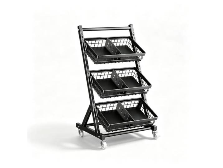 3/4/5-stöckige Verkaufsregale mit Rollen, Süßwarenständer aus Metall Freistehendes Snack-Regal-Display mit abnehmbaren Trennwänden, für Laden, Supermarktregal, Küche(3 baskets)