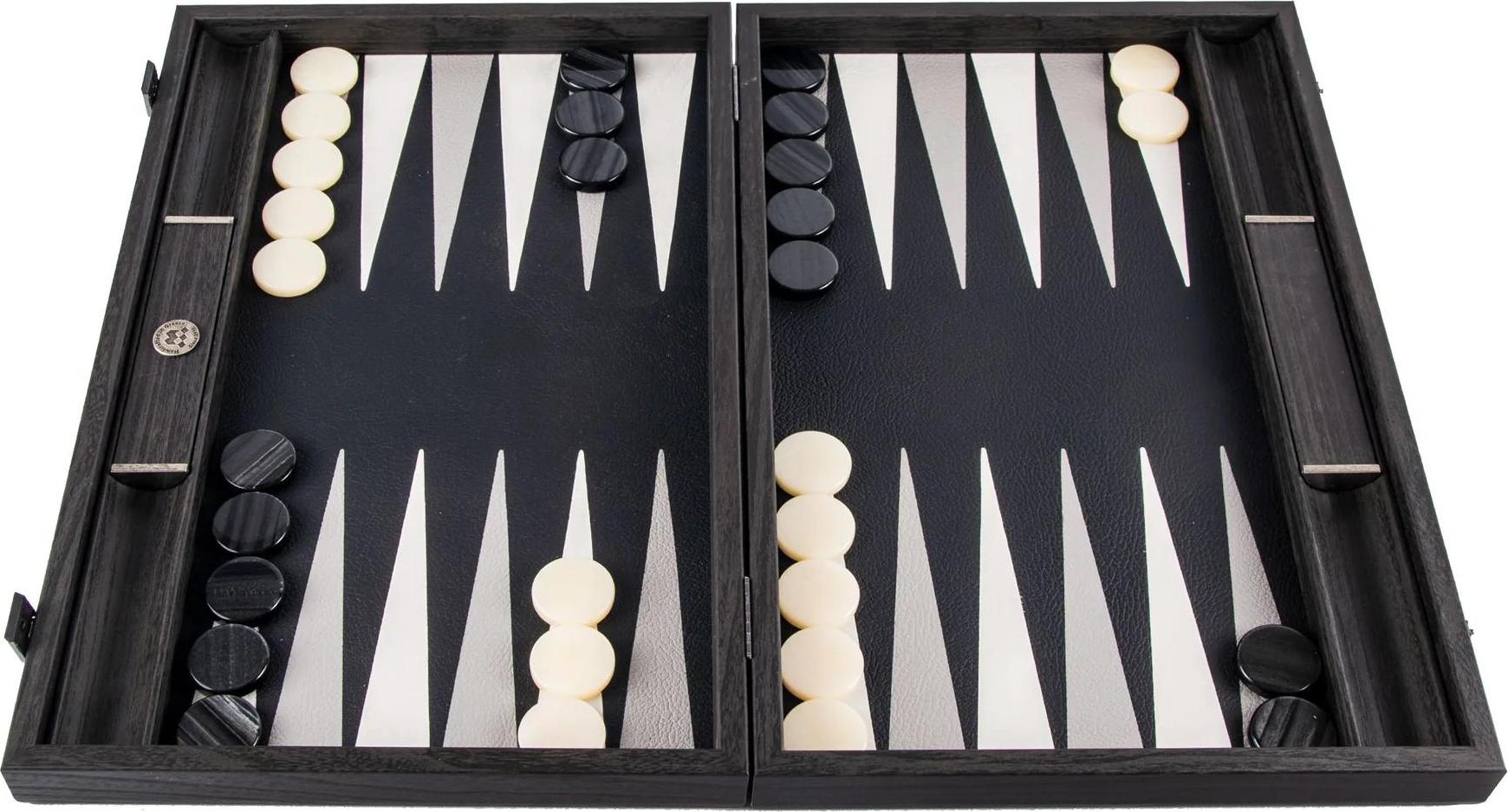 s Manopoulos Backgammon-Set - Klassisches Schwarz, aus umweltfreundlichem Kunstleder, 48 cm - Handgefertigt in Griechenland