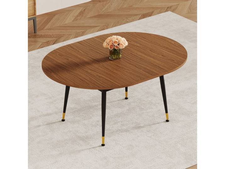 MEULVA Table à manger extensible ovale aspect noyer plateau MDF pieds métal pour 6 à 10 personnes