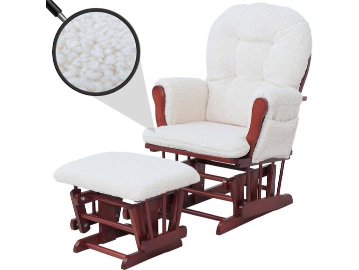 Fauteuil relaxant HWC-C76\, fauteuil à bascule\, fauteuil oscillant + repose-pieds\, revêtement en tissu bouclé\, 480g/m²\, couleur crème\, structure en bois foncé