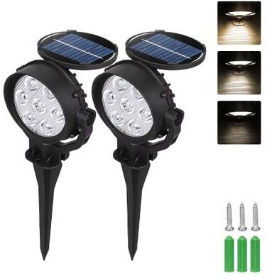 Inspired Finds RGB Solar Spot Lights 9 LED IP65 Waterproof Outdoor Landscape Lights (Brightness Adjustable) 2pc Flat Warm Light