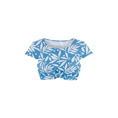 Crop-Bikini-Top LASCANA ACTIVE "Lia", Damen, Gr. 38, Cup C/D, weiß (blau weiß bedruckt), Recycling-Polyamid, bedruckt, Bikini-Oberteile, mit Knotenoptik vorn