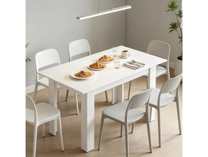 Table extensible - Scandinave Moderne - 180x80x75 cm - MDF/mélamine & acier - Blanc effet bois