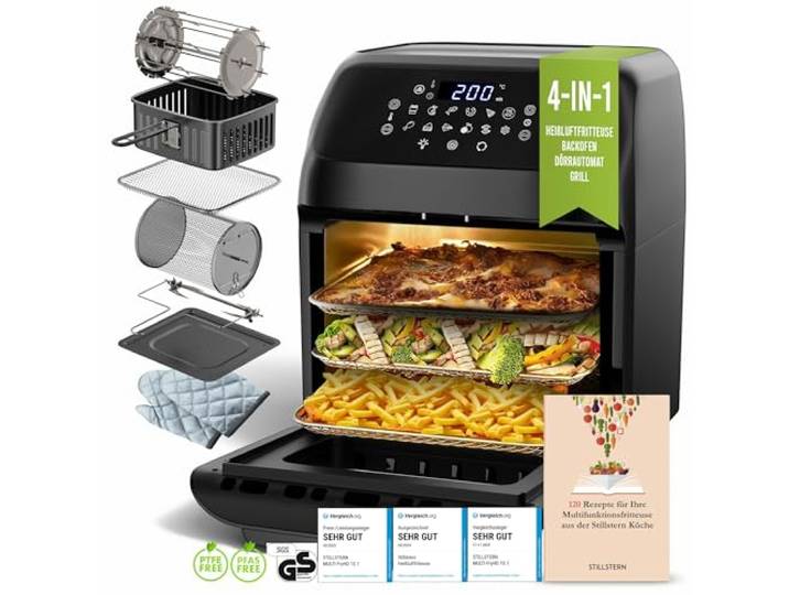 Stillstern Heißluftfritteuse XXL 12L mit LED-Touchscreen, Rezeptbuch auf Deutsch, 12 Programme, Vorheizen&Warmhalten, 1800W Heissluftfritteuse AirFryer XXL ohne Öl Dörren Minibackofen Camping Grill